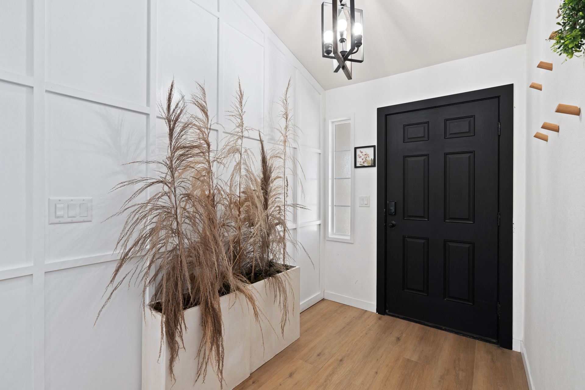 Stylish entrance with minimalist decor and modern design featuring a black door.